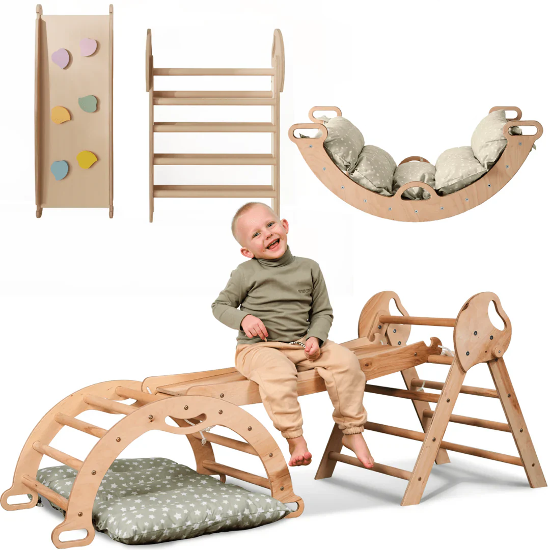 4in1 Montessori Climbing Frame: Pikler Triangle + Arch + Slide Board + Cushion for Toddlers (1–3 Years)